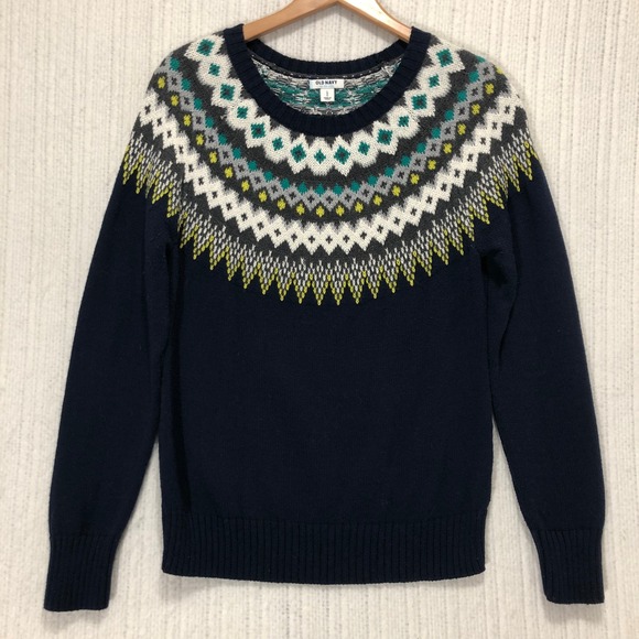 Old Navy Womens Navy Blue Fair Isle Yoke Crewneck Sweater Size L Cotton Blend - Picture 3 of 8